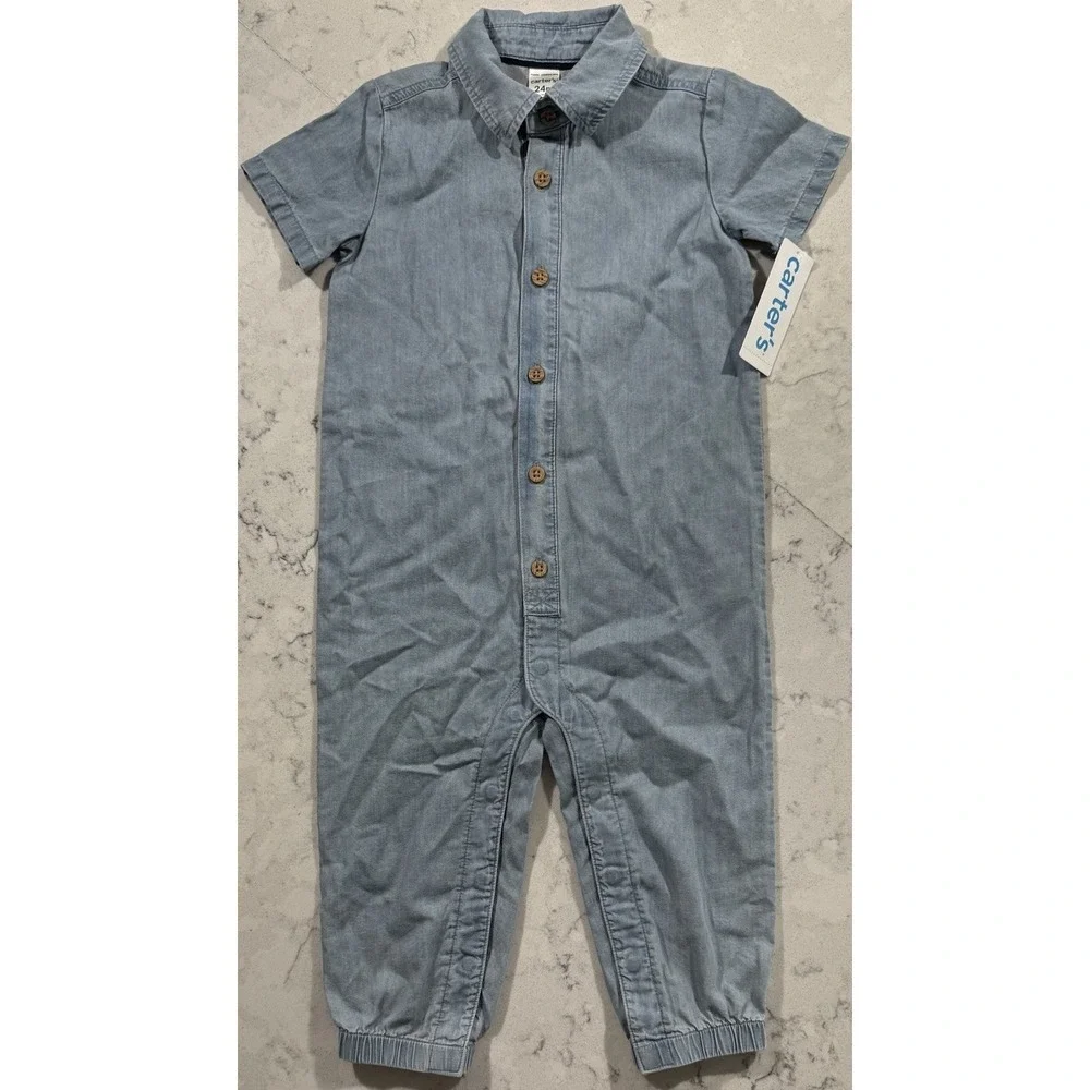 NWT Carter's‎ Baby Boys Chambray Jumpsuit 24 Months Blue Denim Snap Romper
